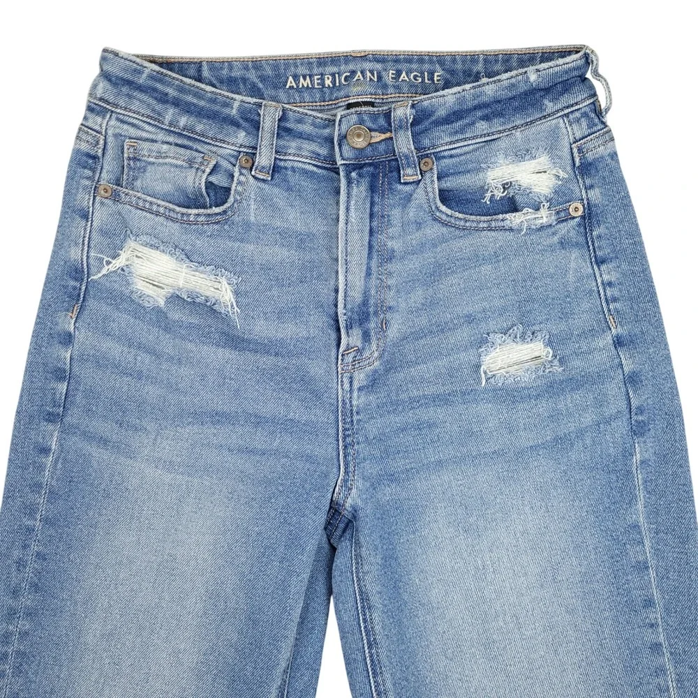 American Eagle Mom Straight Jeans Womens Sz 4 High Rise Distressed Denim Blue
